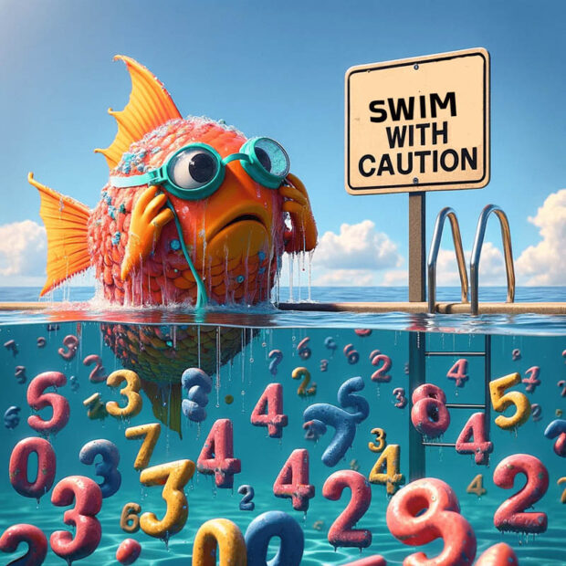 Colorful fish in goggles with numbers in a pool indicating caution in swimming.