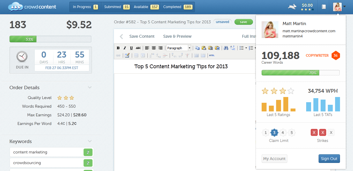 Gamification at Crowd Content Writer Profile Example